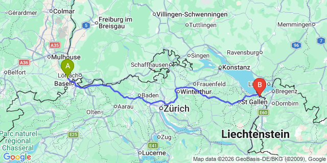 Map: Basel Airport (BSL) to Savognin