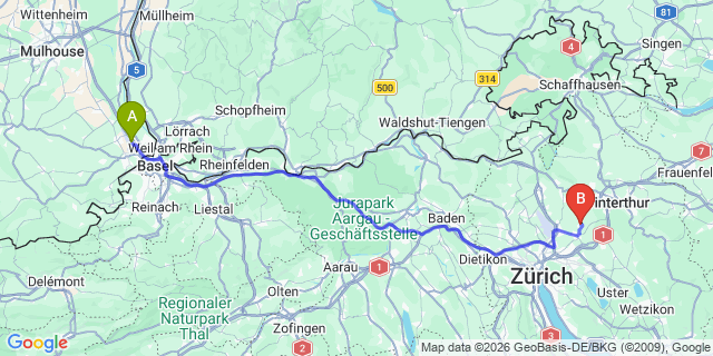 Map: Basel Airport (BSL) to Schaffhausen