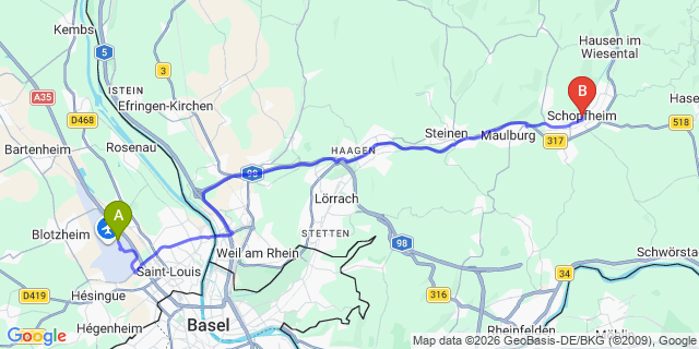 Map: Basel Airport (BSL) to Schopfheim