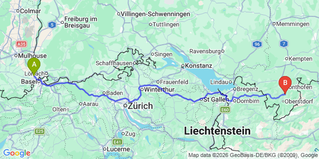 Map: Basel Airport (BSL) to Scuol