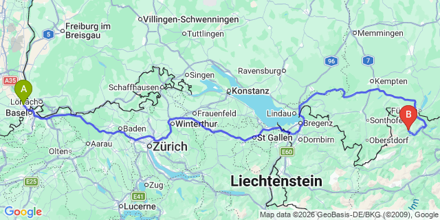 Map: Basel Airport (BSL) to Serfaus
