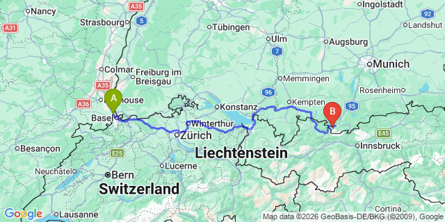 Map: Basel Airport (BSL) to Soelden