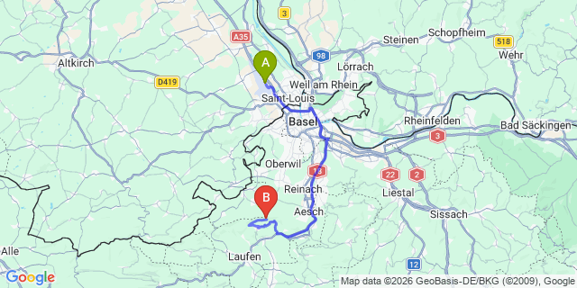 Map: Basel Airport (BSL) to Solothurn