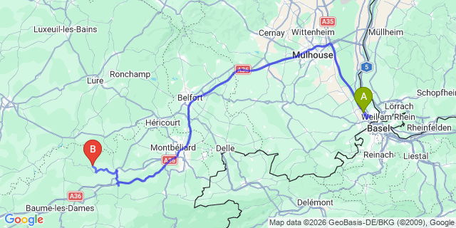Map: Basel Airport (BSL) to St Jean de Belleville