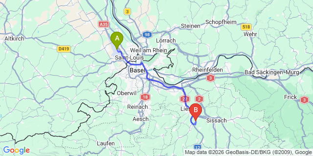 Map: Basel Airport (BSL) to Strasbourg