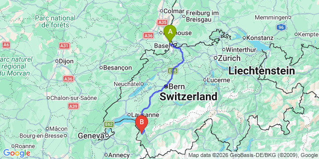 Map: Basel Airport (BSL) to Tignes
