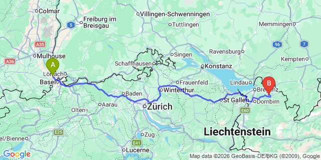 Map: Basel Airport (BSL) to Tschagguns