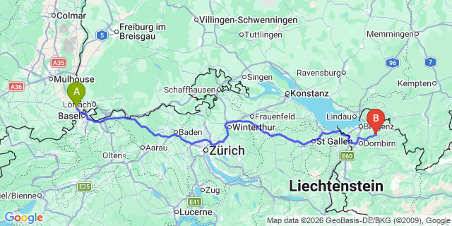 Map: Basel Airport (BSL) to Vandans