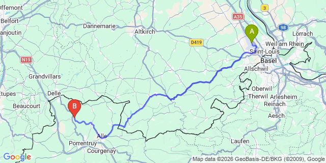 Map: Basel Airport (BSL) to Villars sur Ollon