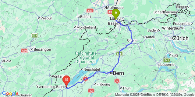 Map: Basel Airport (BSL) to Yverdon-les-Bains