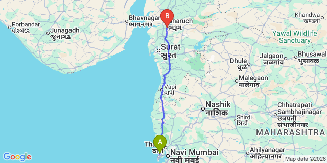 Map: Mumbai Airport (BOM) to Ankleshwar