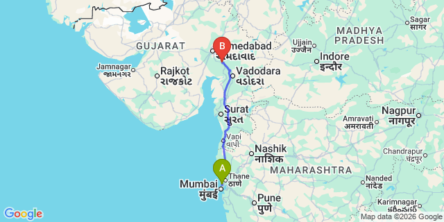 Map: Mumbai Airport (BOM) to Nadiad