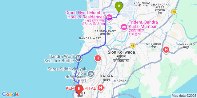 Map: Mumbai Airport (BOM) to Worli