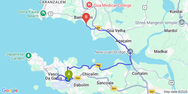 Map: Bogmalo Beach Hotels to Goa Airport (GOI)