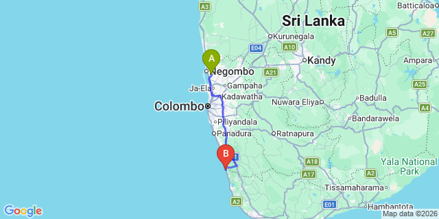 Map: Colombo Airport (CMB) to Benthota