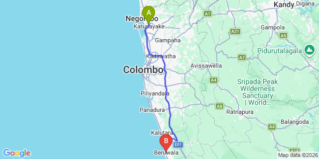 Map: Colombo Airport (CMB) to Beruwala