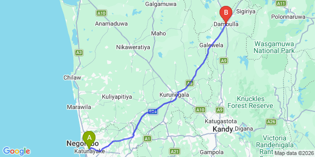 Map: Colombo Airport (CMB) to Dambulla
