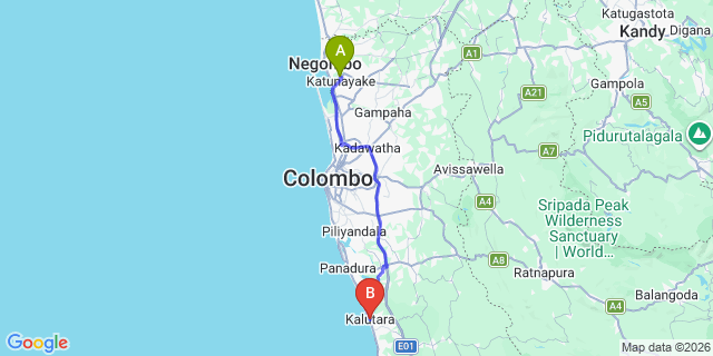 Map: Colombo Airport (CMB) to Kaluthara