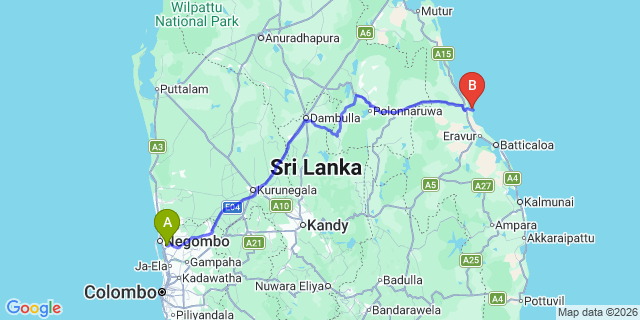 Map: Colombo Airport (CMB) to Passikudah