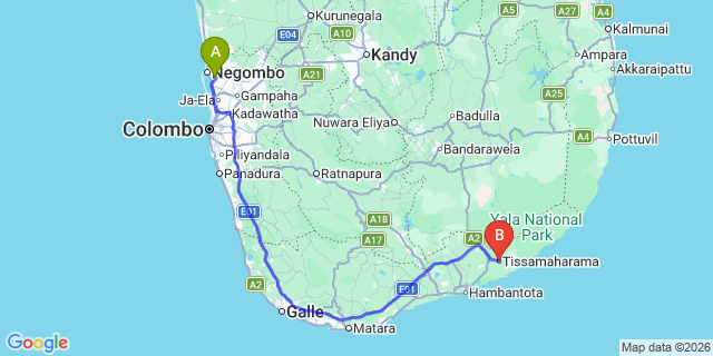 Map: Colombo Airport (CMB) to Tissamaharama