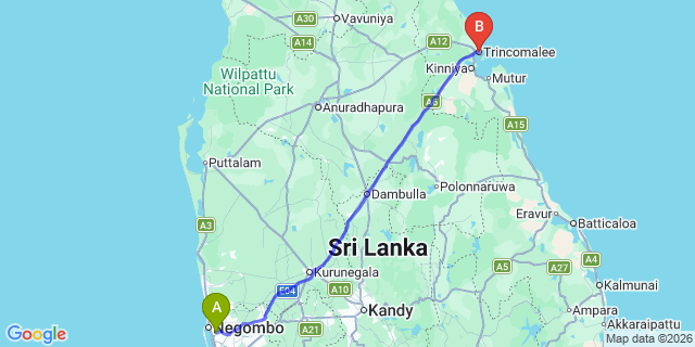 Map: Colombo Airport (CMB) to Trincomalee