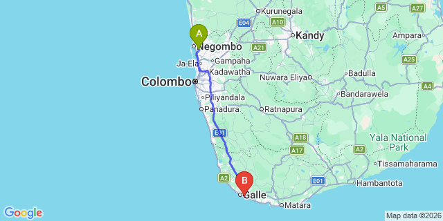 Map: Colombo Airport (CMB) to Unawatuna