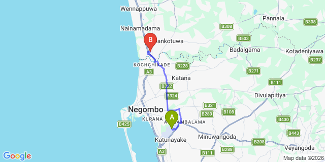 Map: Colombo Airport (CMB) to Waikkal