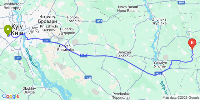 Map: Kyiv Zhuliany Airport (IEV) to Cherkasy