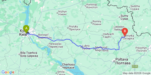 Map: Kyiv Zhuliany Airport (IEV) to Dnepropetrovsk