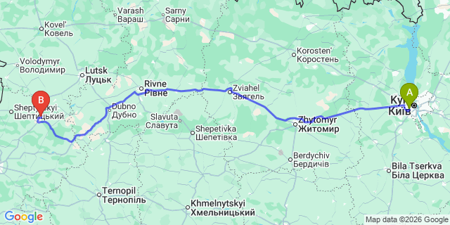 Map: Kyiv Zhuliany Airport (IEV) to Ivano-Frankivsk