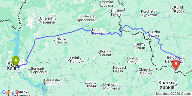 Map: Kyiv Zhuliany Airport (IEV) to Kharkiv