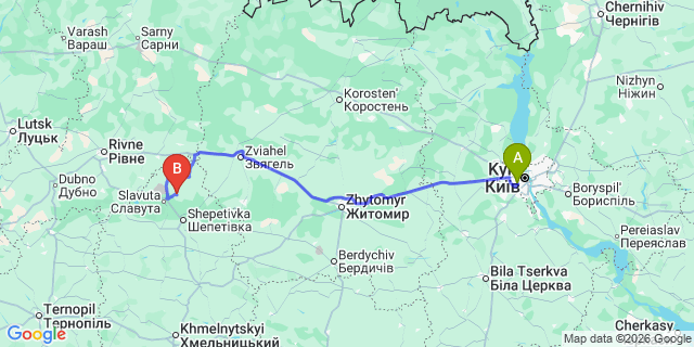 Map: Kyiv Zhuliany Airport (IEV) to Khmelnitsky