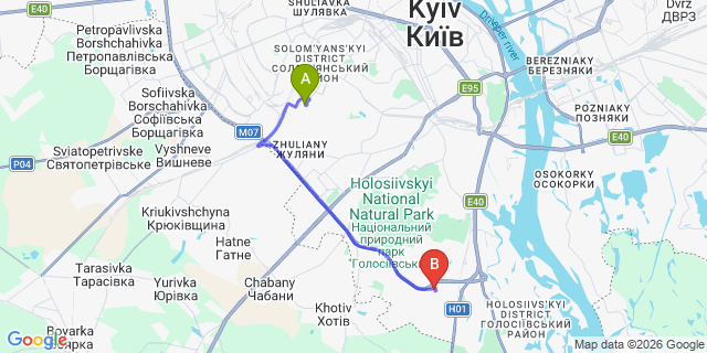 Map: Kyiv Zhuliany Airport (IEV) to Kiev