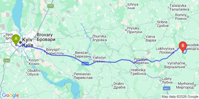 Map: Kyiv Zhuliany Airport (IEV) to Kryvyi Rih