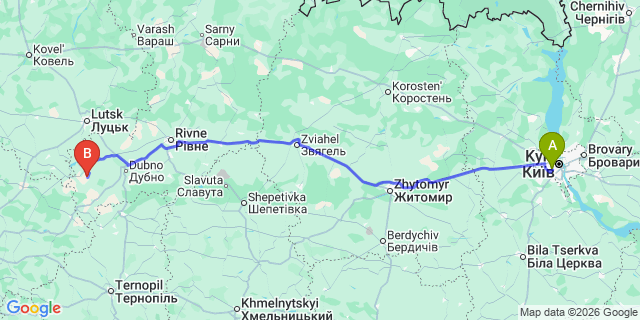 Map: Kyiv Zhuliany Airport (IEV) to Lutsk