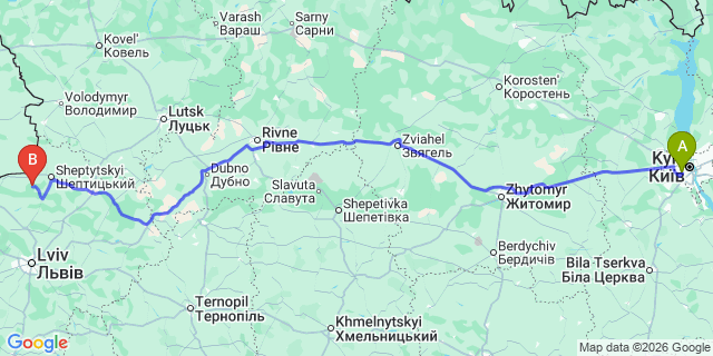 Map: Kyiv Zhuliany Airport (IEV) to Lviv