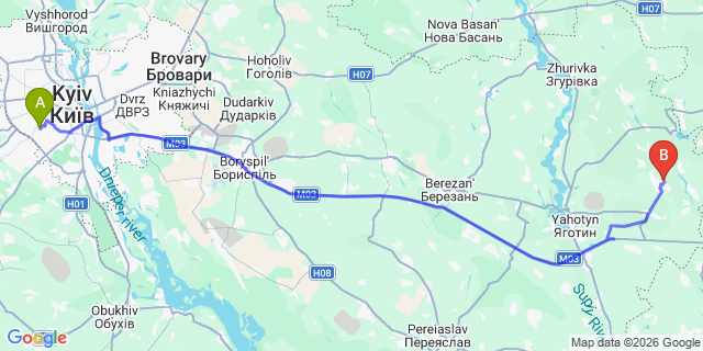 Map: Kyiv Zhuliany Airport (IEV) to Mykolaiv