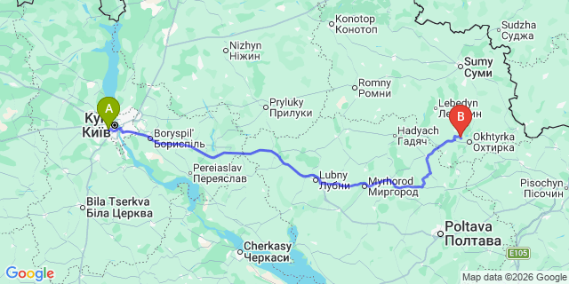 Map: Kyiv Zhuliany Airport (IEV) to Sumy