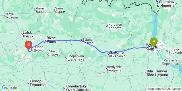 Map: Kyiv Zhuliany Airport (IEV) to Ternopil