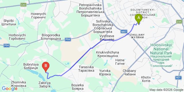 Map: Kyiv Zhuliany Airport (IEV) to Uman