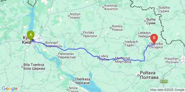 Map: Kyiv Zhuliany Airport (IEV) to Zaporizhia