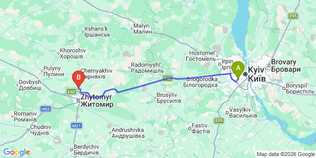 Map: Kyiv Zhuliany Airport (IEV) to Zhytomyr