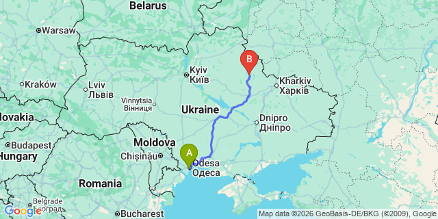 Map: Odessa Airport (ODS) to Poltava