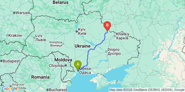 Map: Odessa Airport (ODS) to Zaporizhia