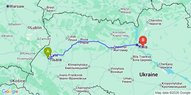 Map: Lviv Airport (LWO) to Boryspil