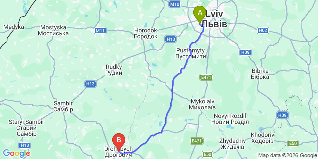 Map: Lviv Airport (LWO) to Drohobych