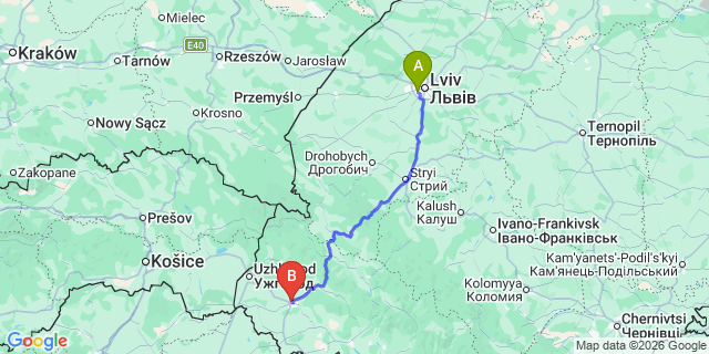 Map: Lviv Airport (LWO) to Mukacheve
