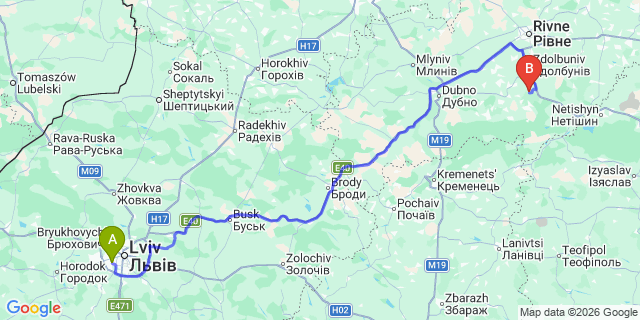 Map: Lviv Airport (LWO) to Rivne