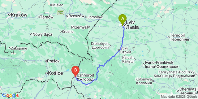 Map: Lviv Airport (LWO) to Uzhhorod