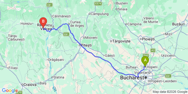 Map: Bucharest Airport (OTP), Henri Coandă to Baile Govora